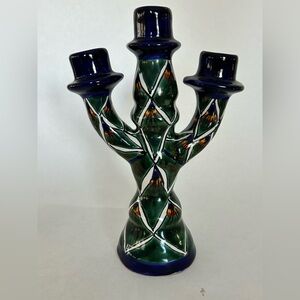 Talavera Mexican Folk Art Pottery 3 Arm Candelabra‎ Candle Stick Holder Handmade